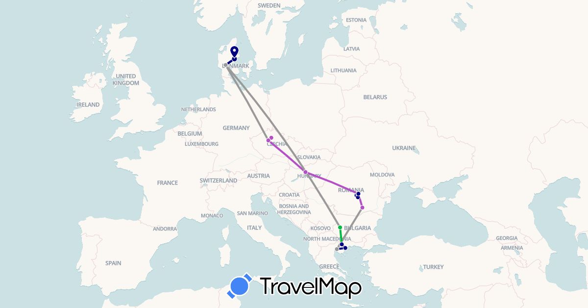TravelMap itinerary: driving, bus, plane, train in Bulgaria, Czech Republic, Denmark, Greece, Hungary, Romania (Europe)